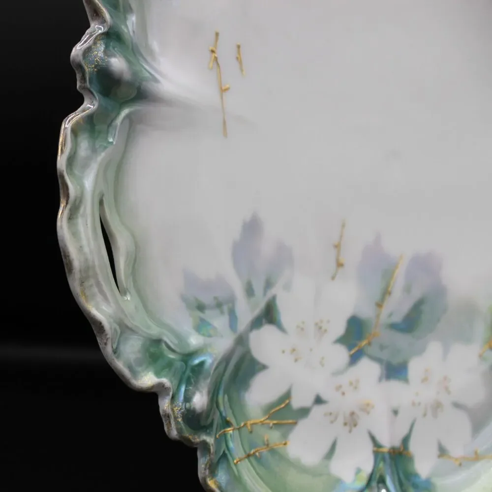 Antique RS Prussian Cake Plate Porcelain Iridescent Green Floral Open Handles